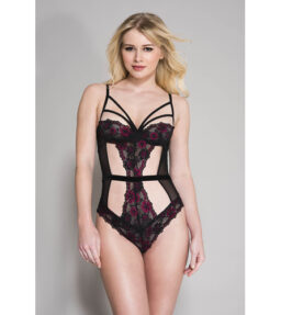 Body aus Spitze und Netzstoff mit rosa Blütendetails