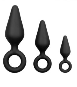 Schwarze Buttplugs mit Rückholring - Set
