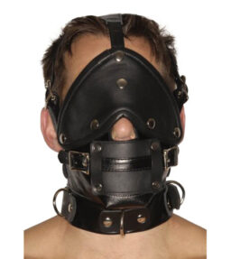 Streng aussehender Premium-Maulkorb aus Leder mit Augenbinde und Knebel