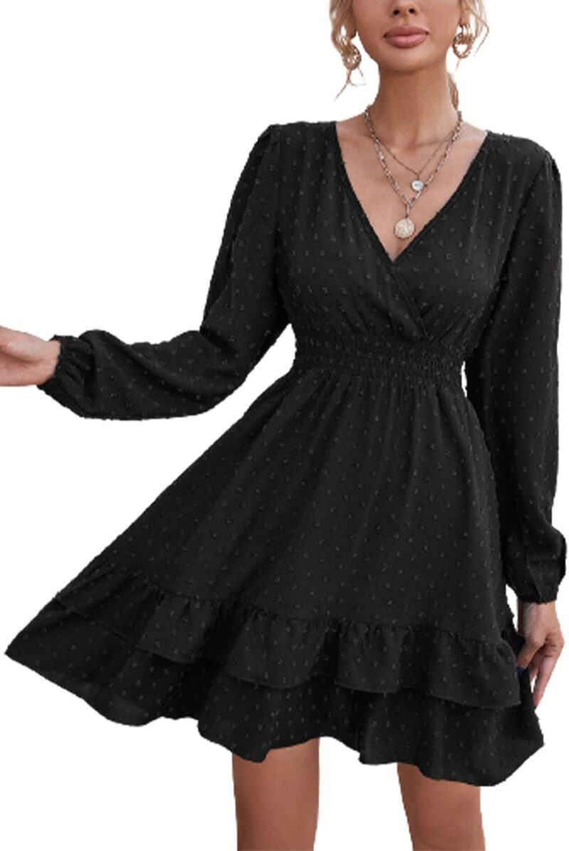 Vangreynve Damen Minikleid V-Ausschnitt A-Linie Kleider Elegant Hohe Taille Langarm Freizeitkleid