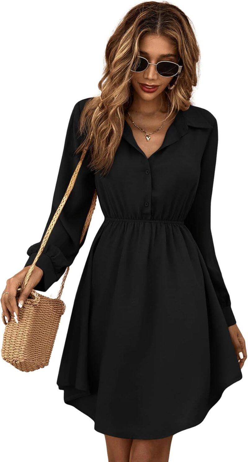 GORGLITTER Damen Hemdkleid Elegant Blusenkleid Langarm A Linie Tunikakleid Shirtkleid mit Knöpfen