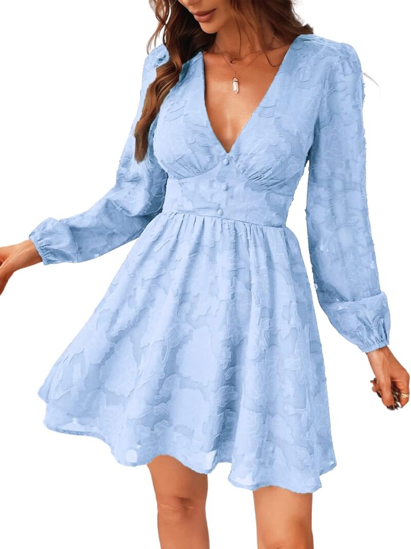 CUPSHE Damen Kleid Spitzenkleid V Ausschnitt Knöpfen Langarm Floral Spitze A Linie Freizeitkleider Elegant Party Mini Dress