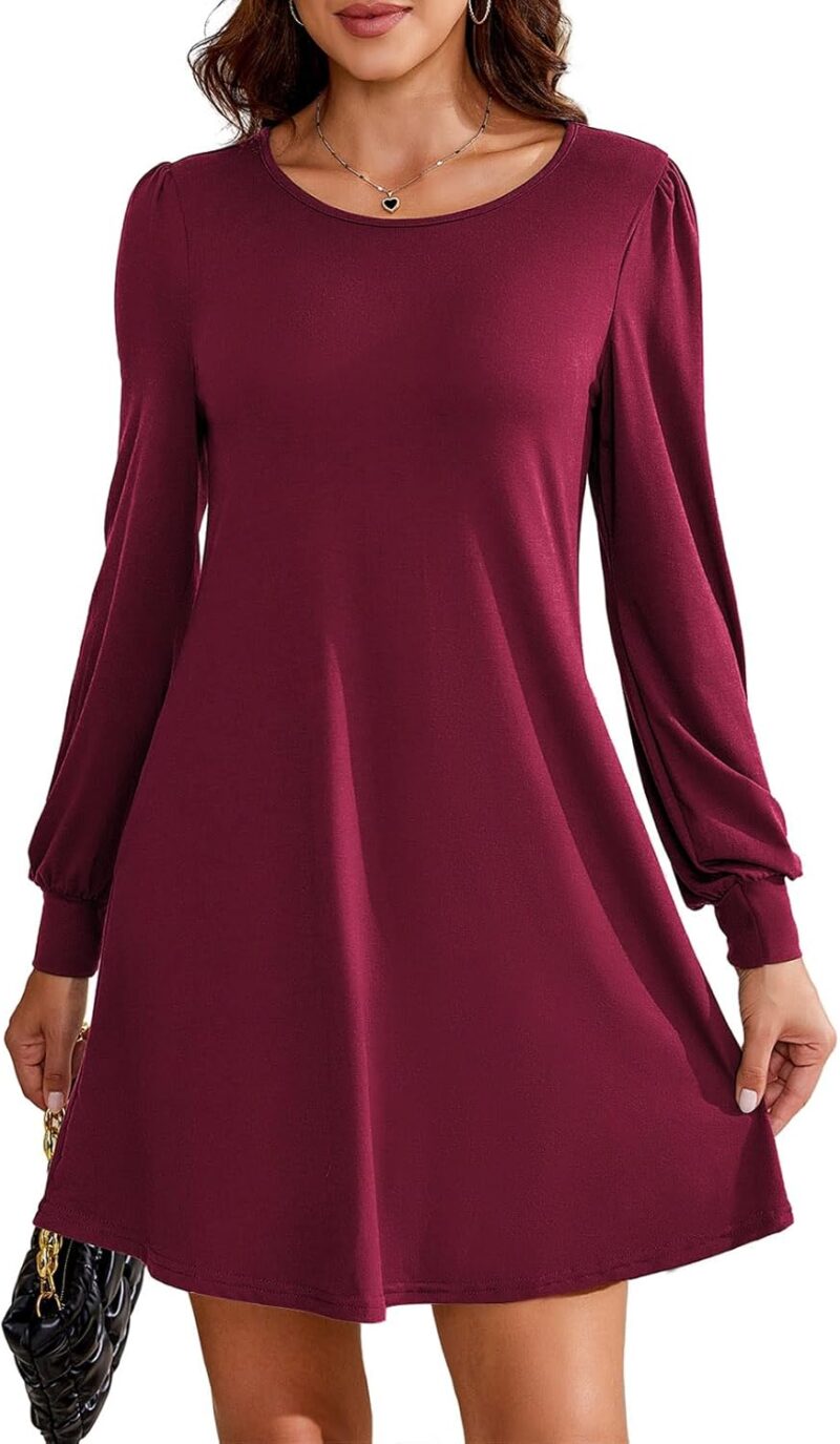 Actcat Damen Kleid Langarm - Schickes Midi-Kleid mit Taschen in Rockabilly-Stil, lässige Damenbekleidung