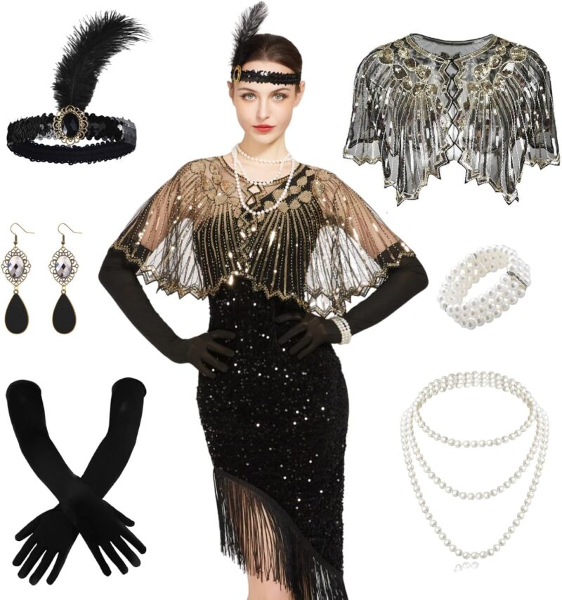 Ginkago 20er Jahre Kostüm Set 20er Jahre Charleston Kleid mit Accessoires Perfekte für 20er Jahre Kostüm Damen, Karneval, Halloween