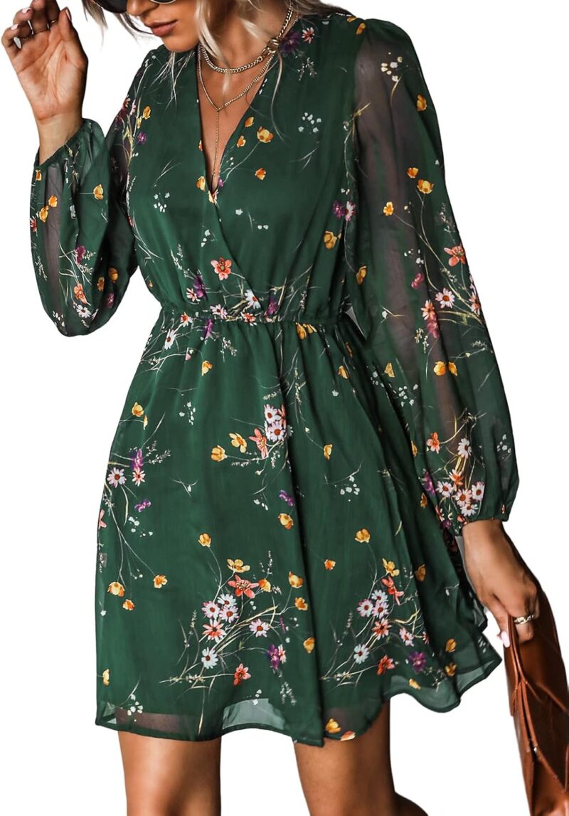 CUPSHE Damen Kleid V Ausschnitt Wickeloptik Transparente Lange Ärmel Blumenmuster Freizeitkleider Wrap Mini Dress