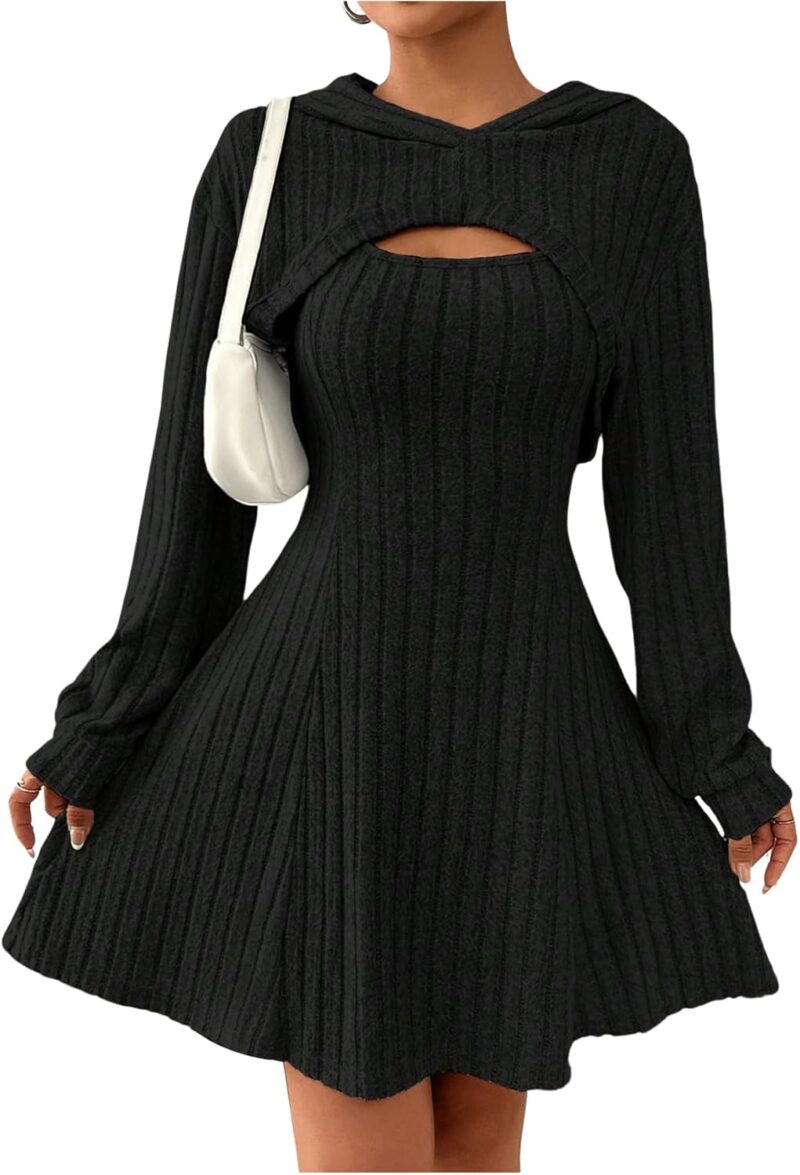 SweatyRocks Damen Strick Zweiteiler Tank Kleid Mit Pullover 2 Teiler Crop Hoodie Mit Kapuze A Linien Kleid Langarm Kleid Winter